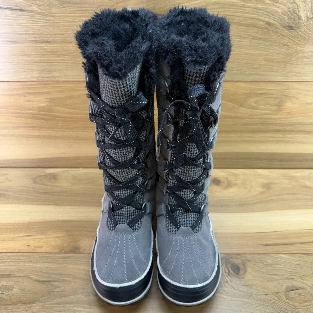Sorel Tivolli Tall Boots Womens 9 Gray Houndstooth Waterproof Faux Fur Tall